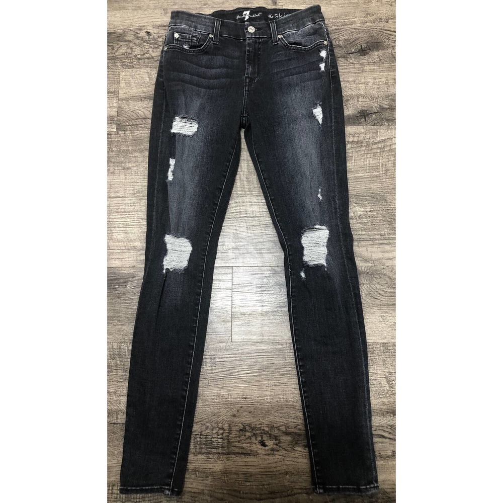Women’s 7 For All Mankind Black Jeans Sz 27 “The Ankle Skinny” Distressed A6